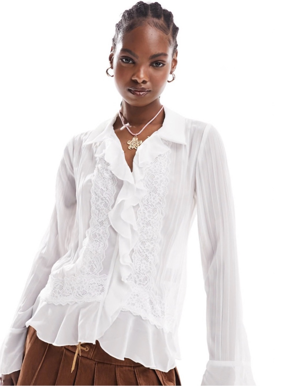 Ruffled Lace-Trim White Blouse - Women's Top